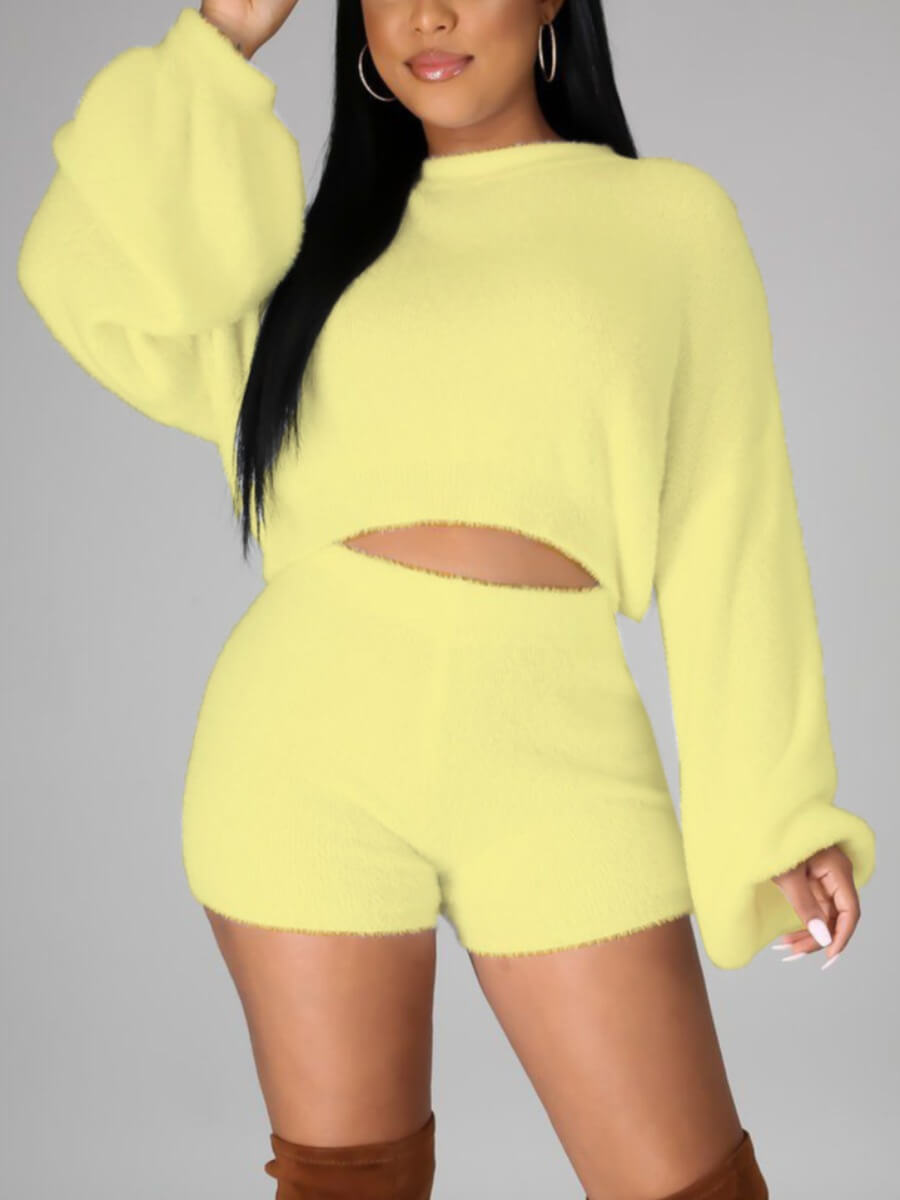 

Lovely Casual O Neck Basic Loose Yellow Two Piece Shorts Set