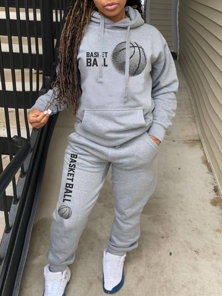 

Lovely Casual Hooded Collar Print Grey Two Piece Pants Set
