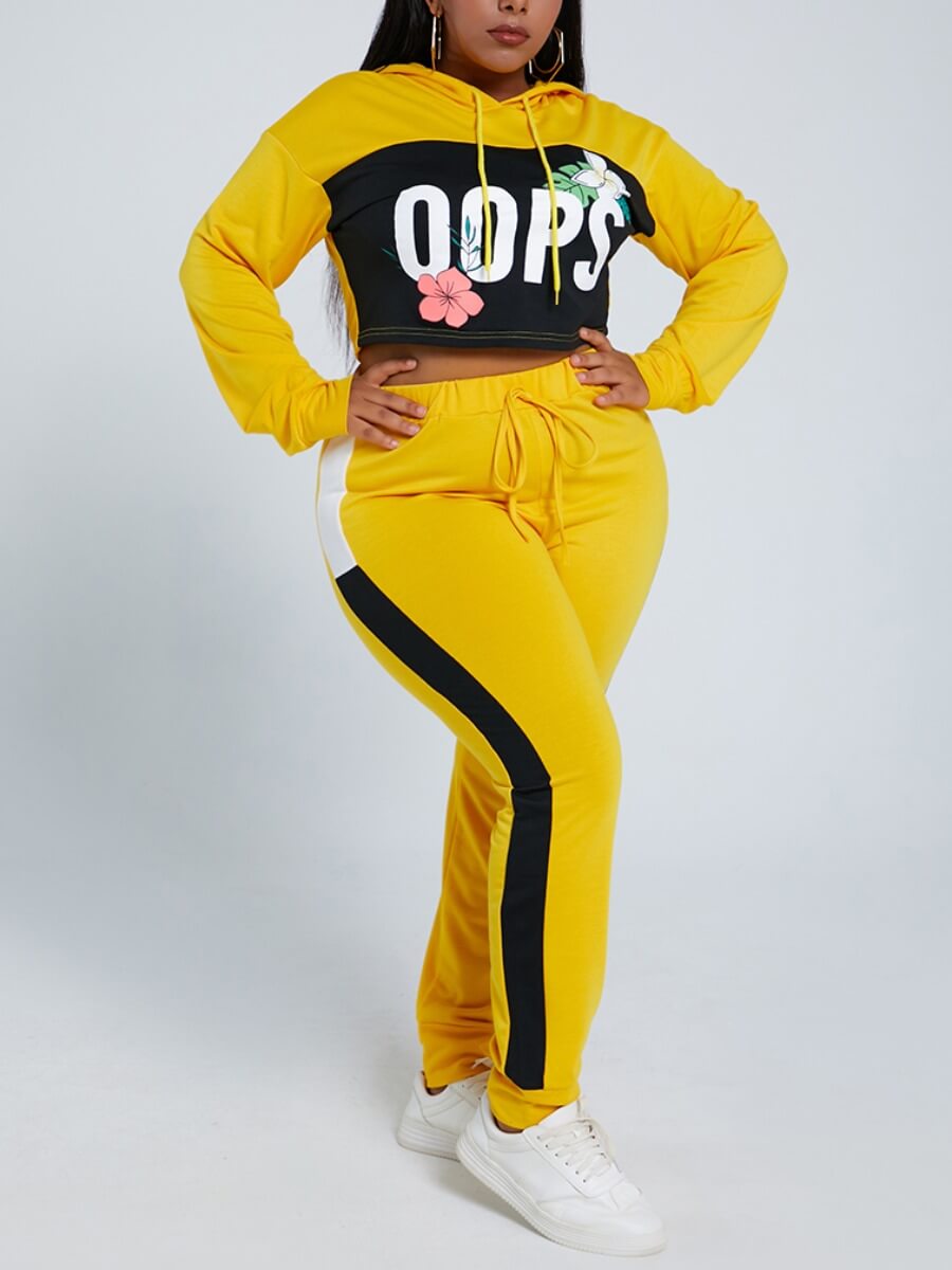 

Lovely Leisure Hooded Collar Letter Print Patchwork Yellow Plus Size Two-piece Pants Set