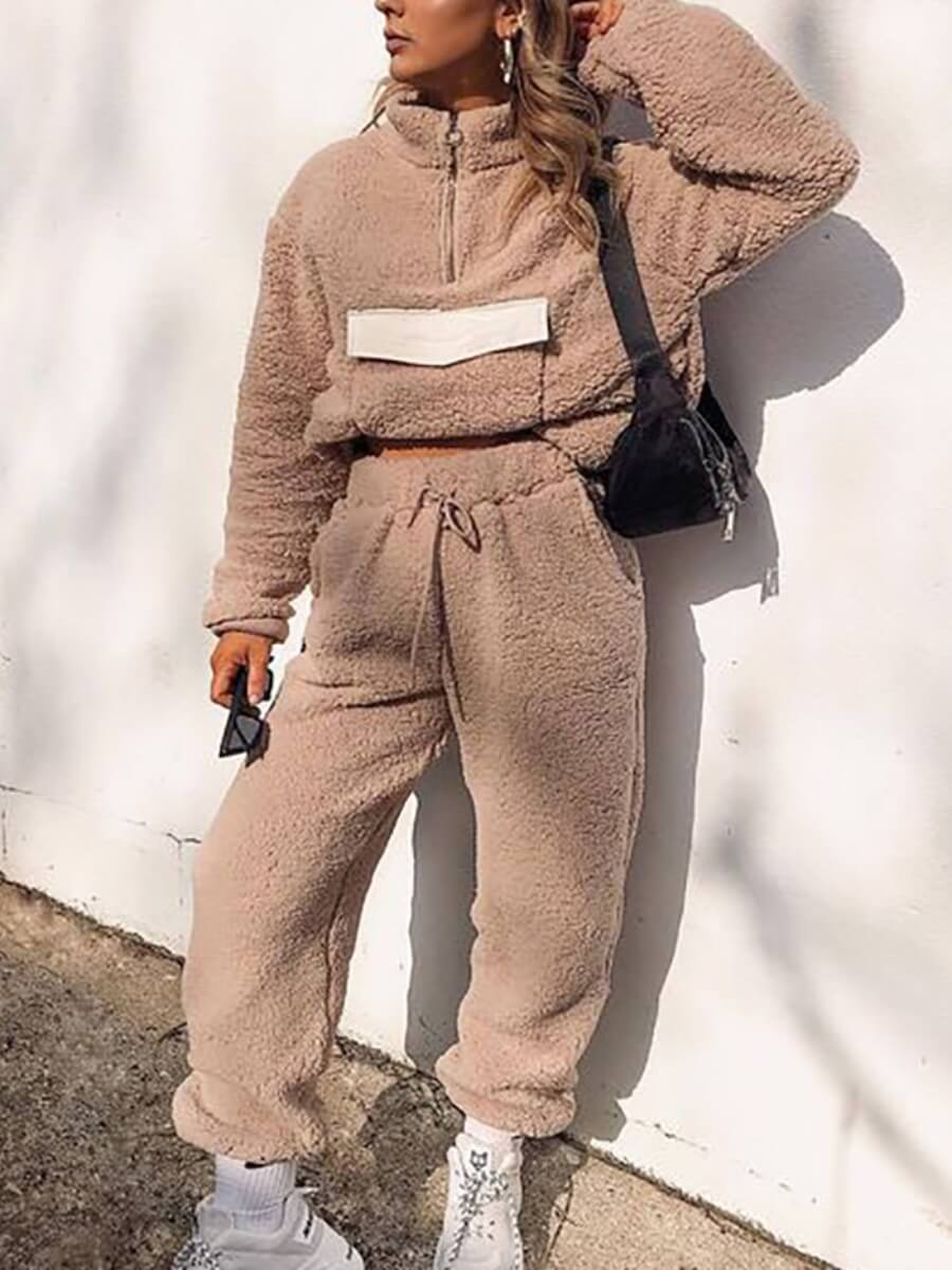 

Lovely Casual Mandarin Collar Lamb Fleece Light Camel Two Piece Pants Set