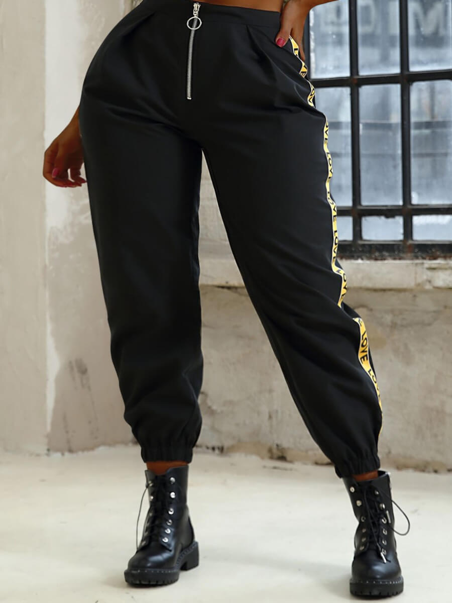 

Lovely Casual Letter Patchwork Black Pants