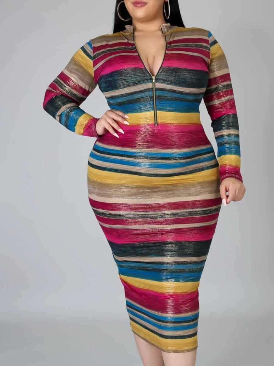 

Lovely Stylish Rainbow Striped Zipper Design Multicolor Mid Calf Plus Size Dress, Multi