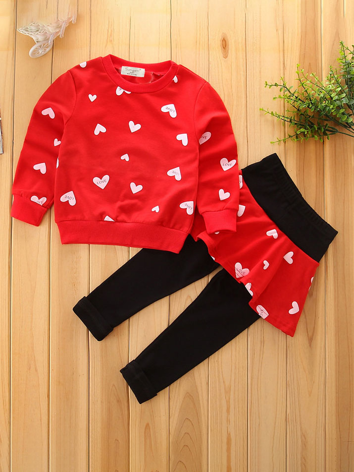 

lovely Casual O Neck Heart Print Red Girl Two-piece Pants Set