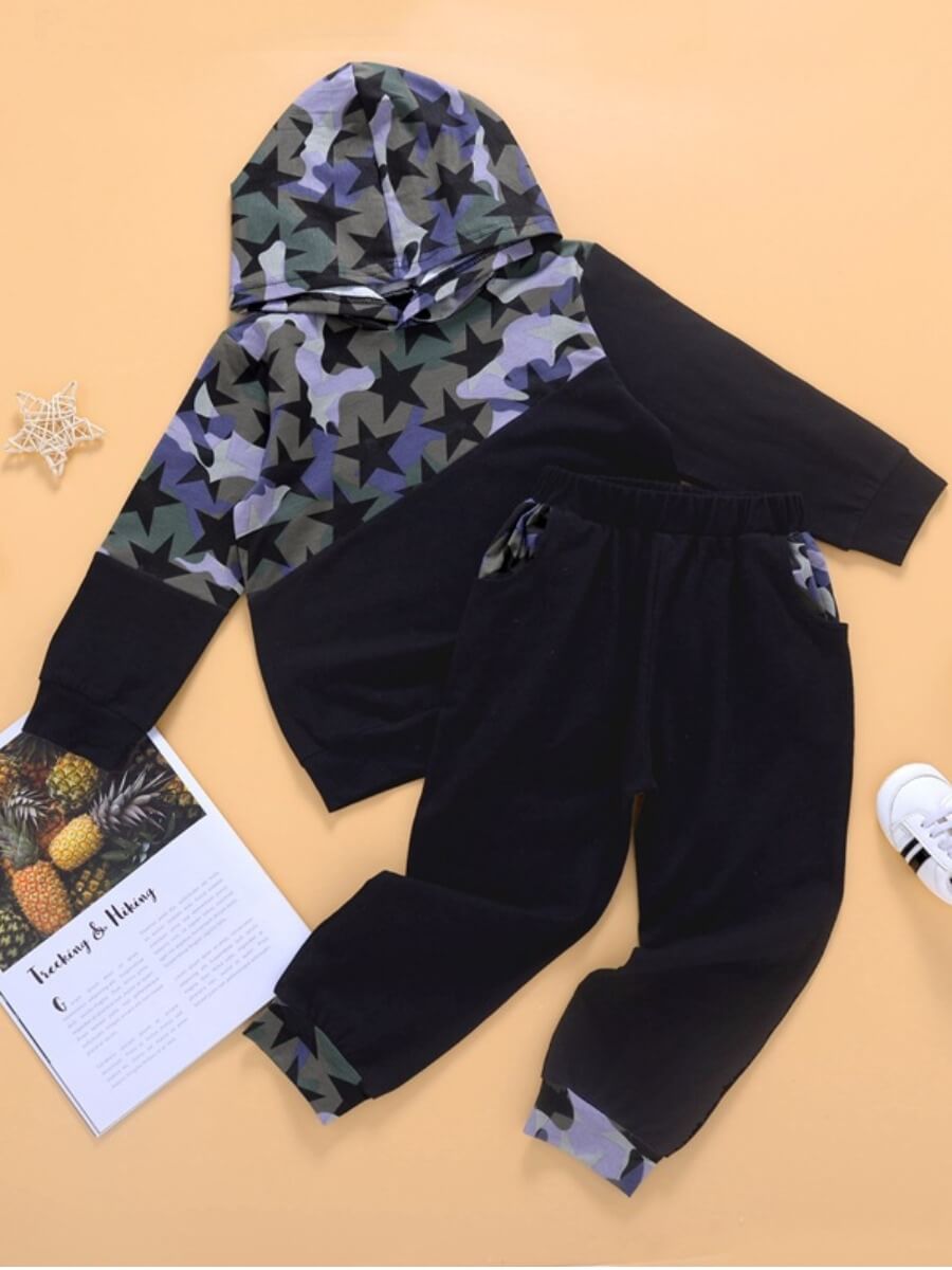 

Lovely Sportswear Hooded Collar Camo Print Patchwork Black Boy Two-piece Pants Set