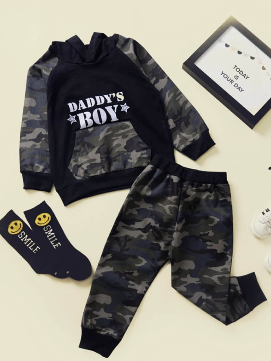 

Lovely Sportswear Hooded Collar Camo Print Patchwork Black Boy Two-piece Pants Set