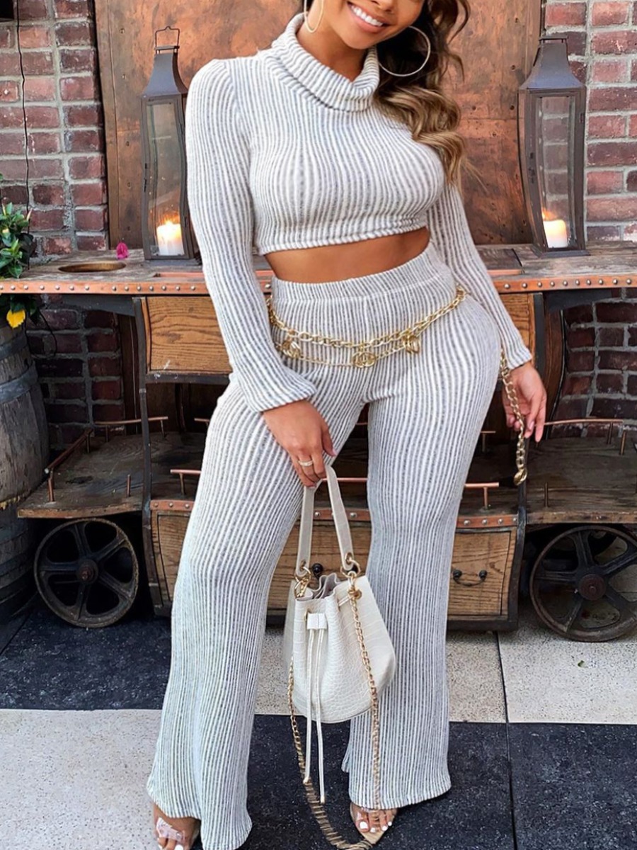 

Lovely Casual Turtleneck Striped Skinny Silver Two Piece Pants Set