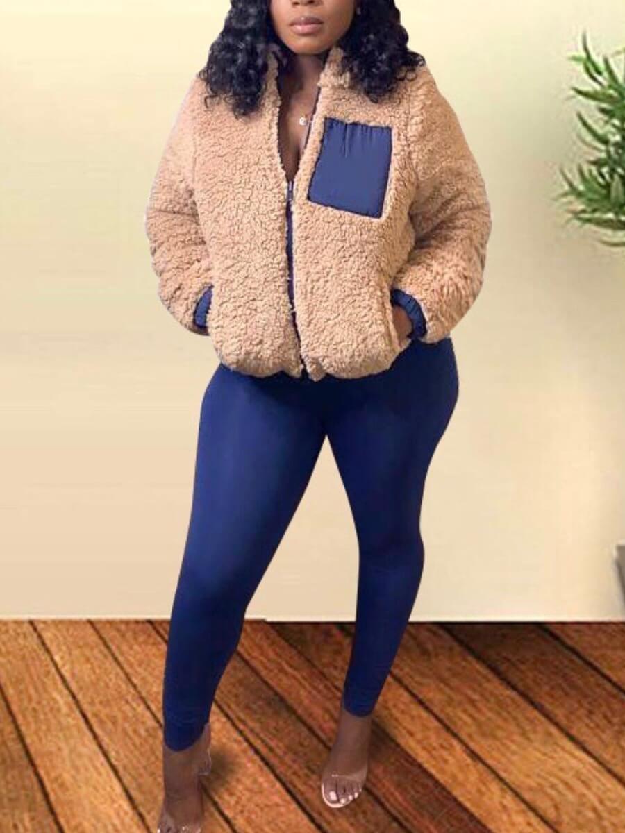 

Lovely Casual Patchwork Zipper Design Blue Two Piece Pants Set