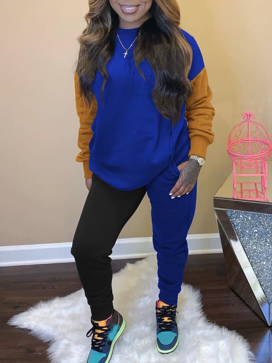 

Lovely Casual O Neck Patchwork Blue Two Piece Pants Set