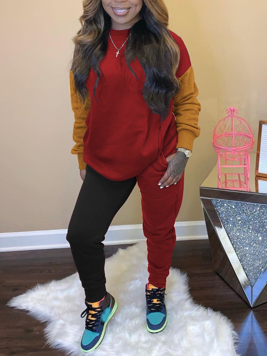 

Lovely Casual O Neck Patchwork Wine Red Two Piece Pants Set