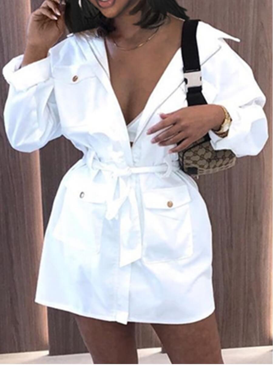 

Lovely Street Turndown Collar Pocket Patched White Coat
