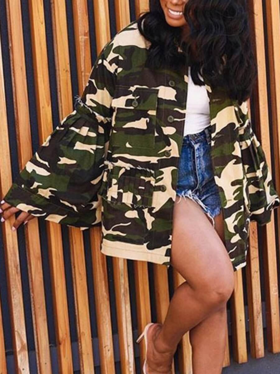 

Lovely Casual Turndown Collar Camo Print Loose Coat