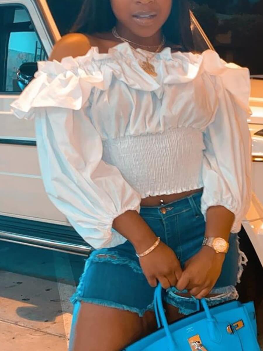 

Lovely Sweet Dew Shoulder Flounce Design White Blouse