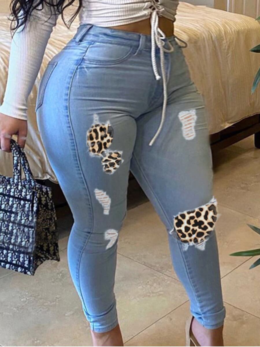 

LW Plus Size Patchwork Broken Holes Jeans, Baby blue