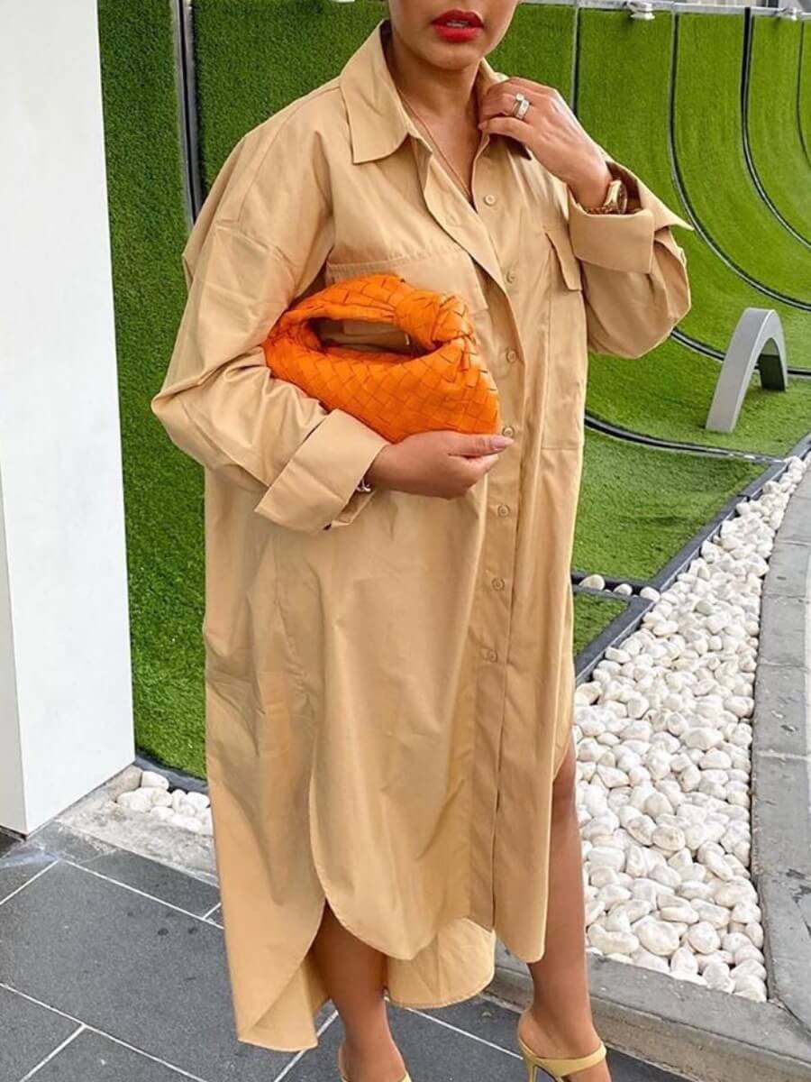 

Lovely Casual Turndown Collar Asymmetrical Loose Khaki Ankle Length Shirt Dress
