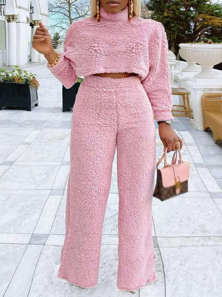 

Lovely Casual Turtleneck Basic Pink Two Piece Pants Set