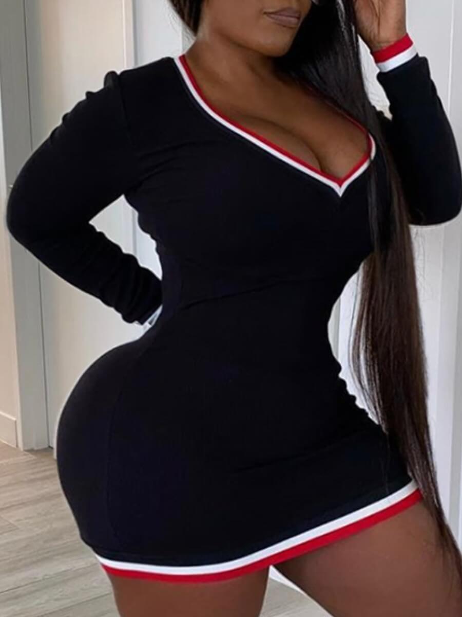 

Lovely Stylish V Neck Patchwork Black Mini Plus Size Dress