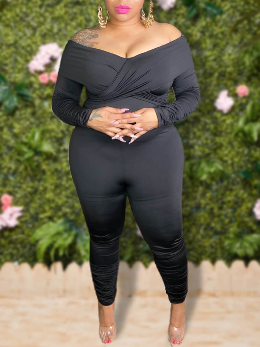 

Lovely Casual Dew Shoulder Basic Black Plus Size One-piece Jumpsuit
