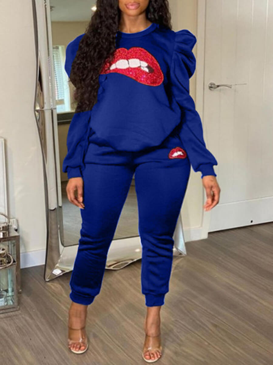 

Lovely Leisure O Neck Lip Print Blue Plus Size Two-piece Pants Set