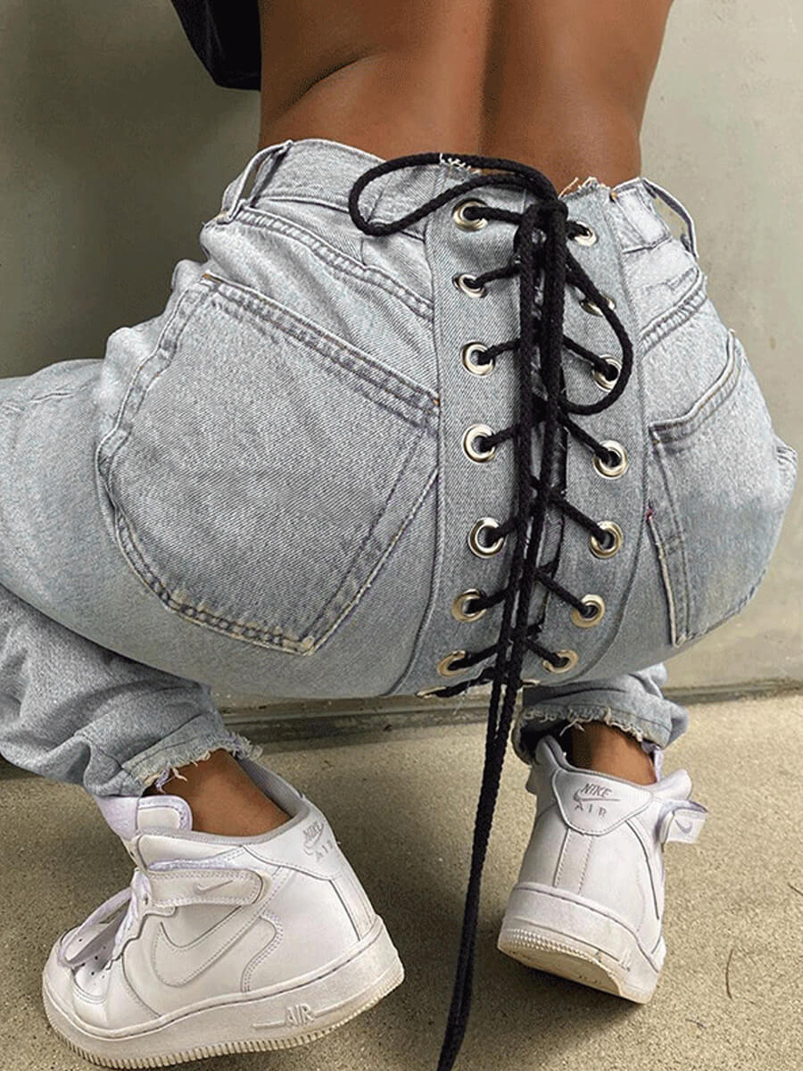 

Lovely Street Bandage Design Blue Plus Size Jeans
