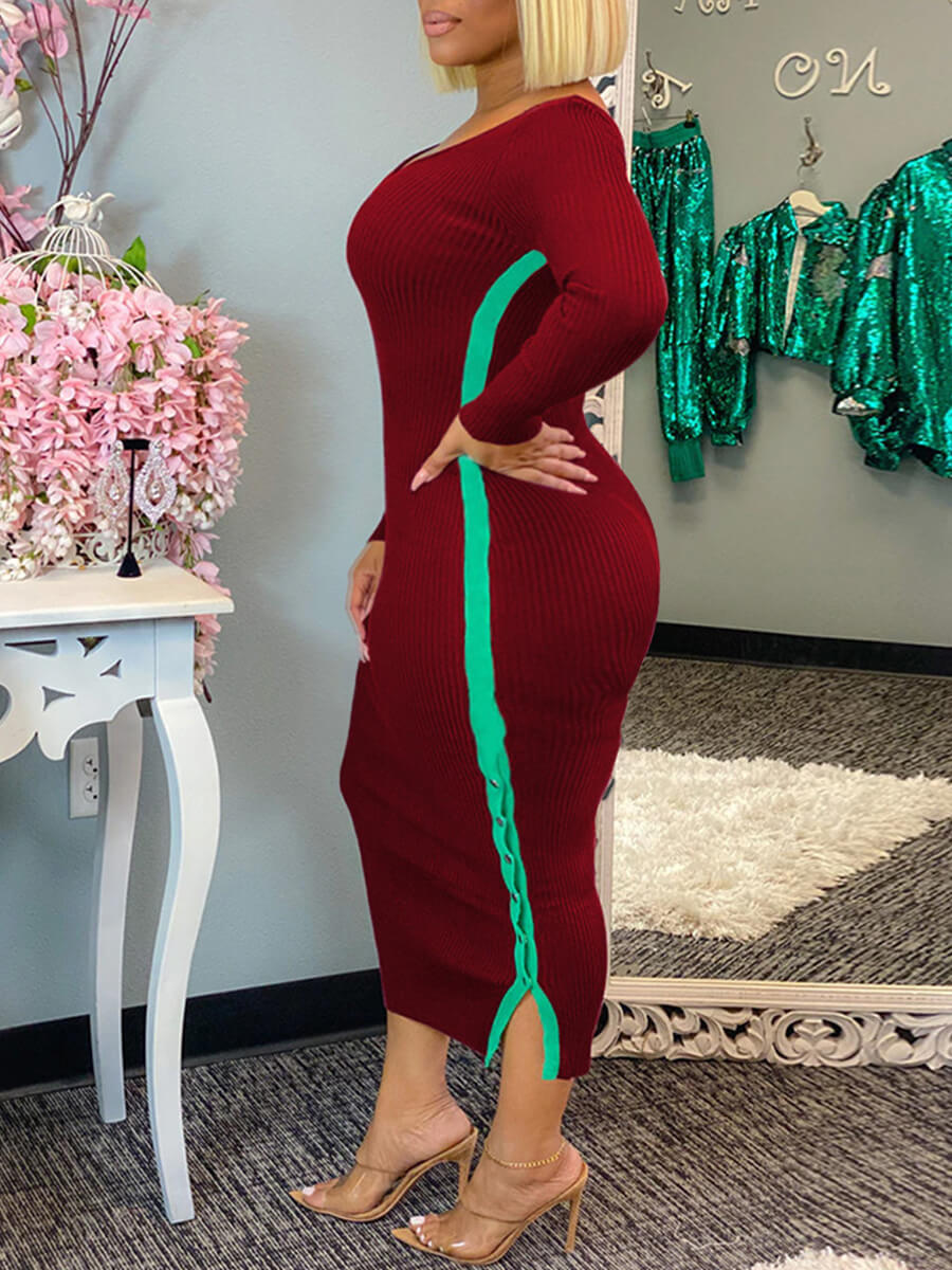 

Lovely Casual V Neck Patchwork Wine Red Mid Calf Plus Size Dress