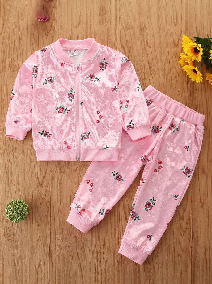 

Lovely Sportswear Mandarin Collar Floral Print Pink Girl Two-piece Pants Set