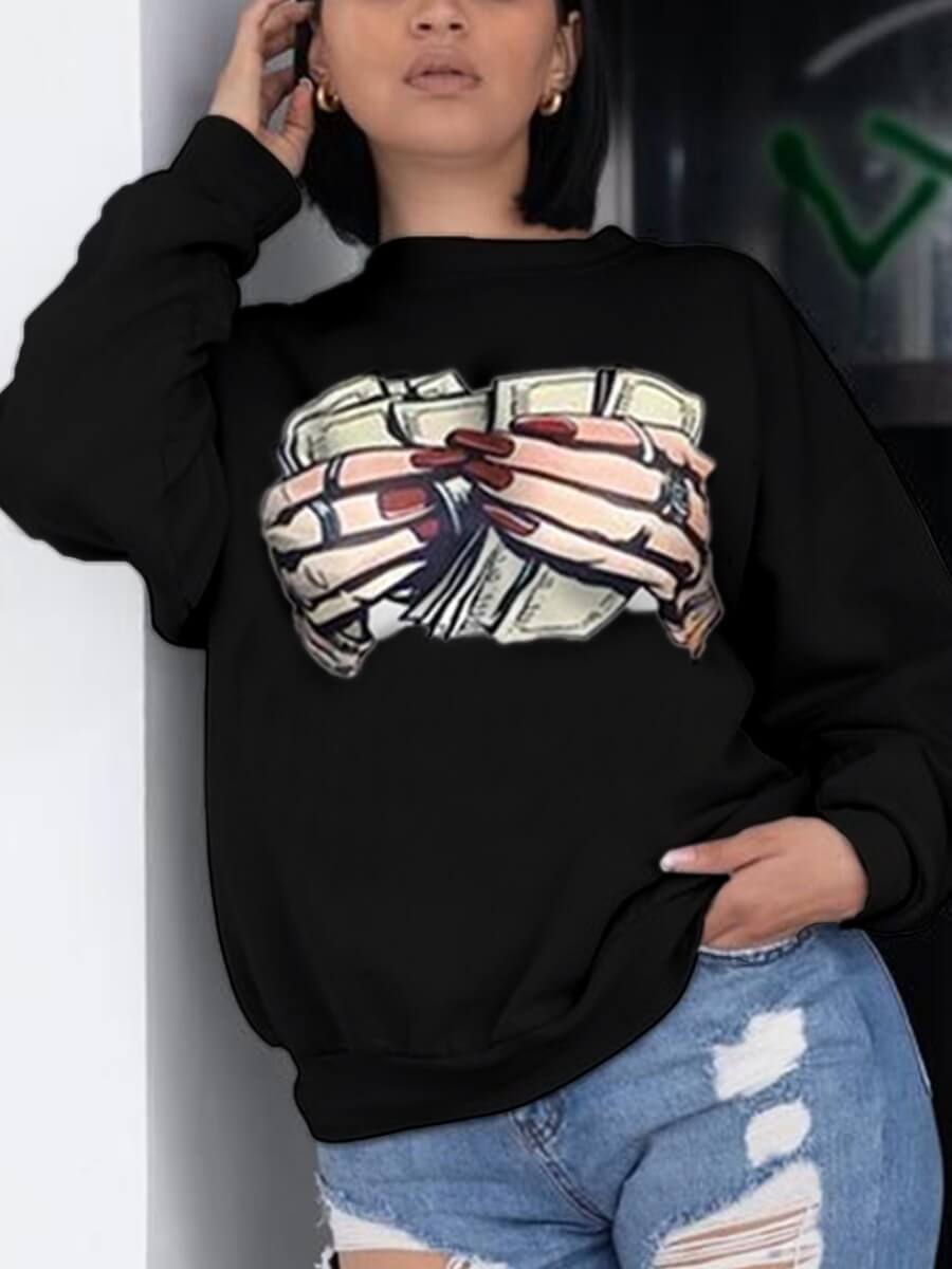 

Lovely Casual O Neck Print Black Hoodie