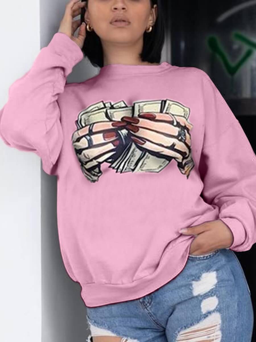 

Lovely Casual O Neck Print Pink Hoodie