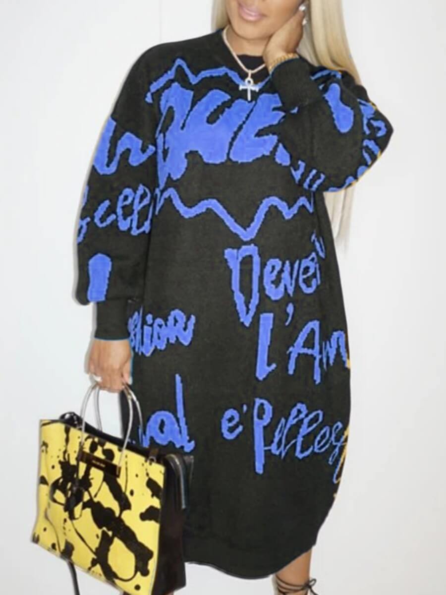 

Lovely Trendy O Neck Letter Print Blue Mid Calf Dress