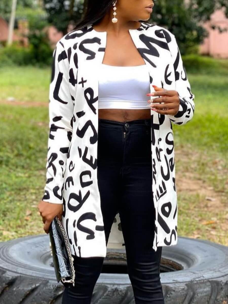 

Lovely Stylish Letter Print White Coat