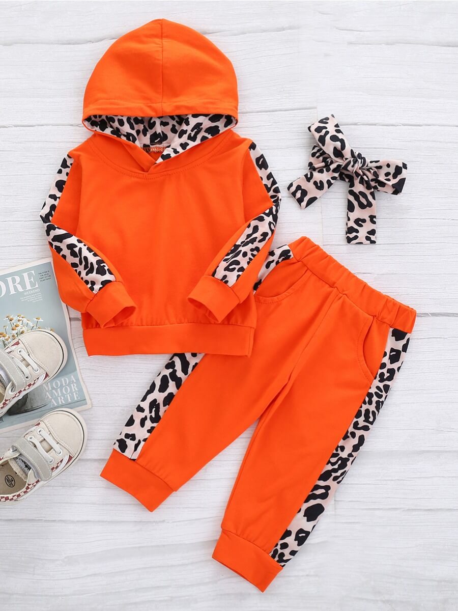 

Lovely Sportswear Hooded Collar Leopard Print Patchwork Orange Girl Two-piece Pants Set