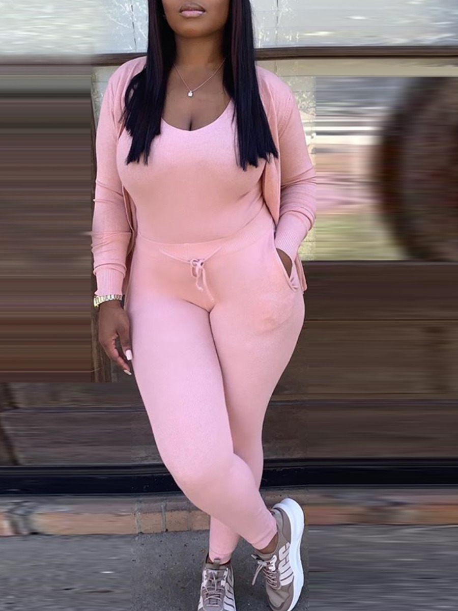

Lovely Casual Basic Skinny Pink Two Piece Pants Set