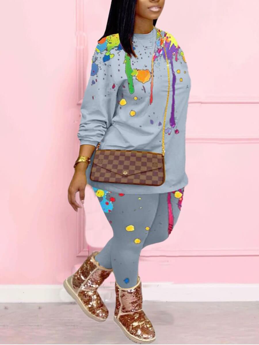 

Lovely Casual O Neck Print Grey Plus Size Two-piece Pants Set