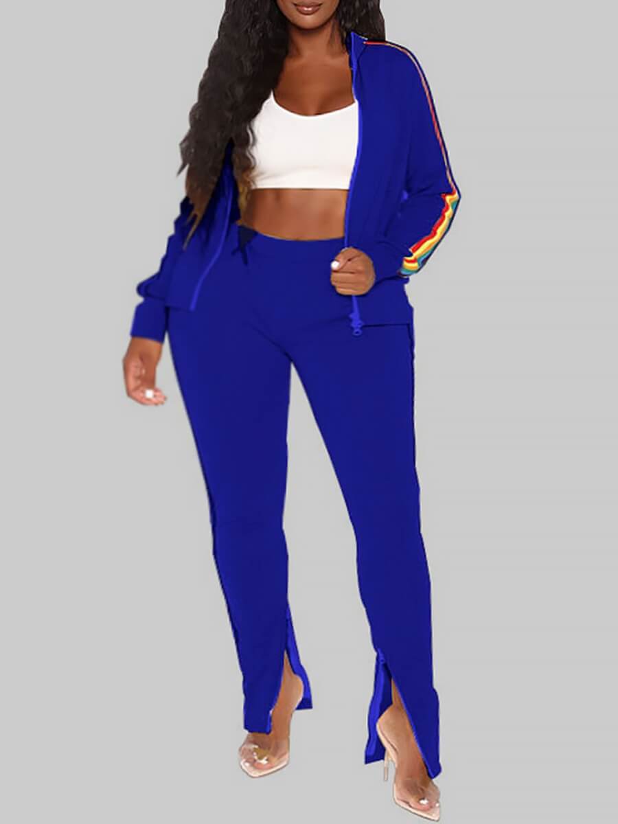 

Lovely Sportswear Turndown Collar Patchwork Blue Plus Size Two-piece Pants Set