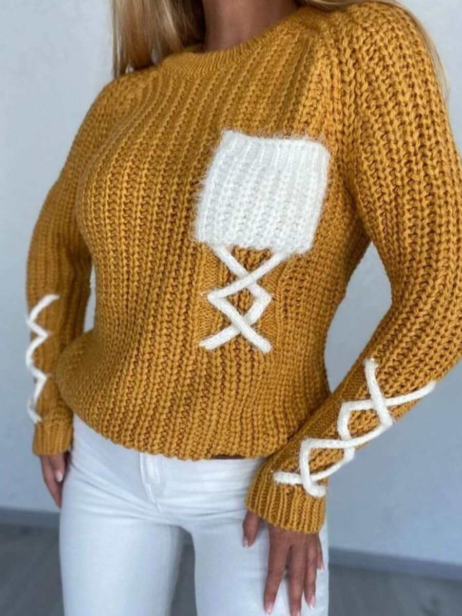

Lovely Street O Neck Patchwork Yellow Sweater