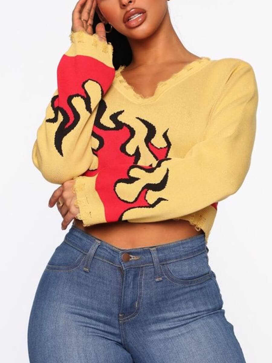 

Lovely Stylish V Neck Print Yellow Sweater