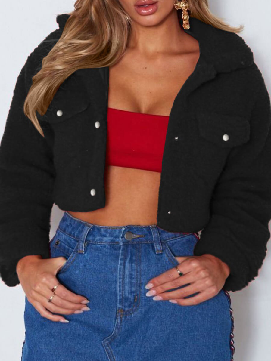 

Lovely Stylish Turndown Collar Pocket Patched Black Plus Size Faux Fur