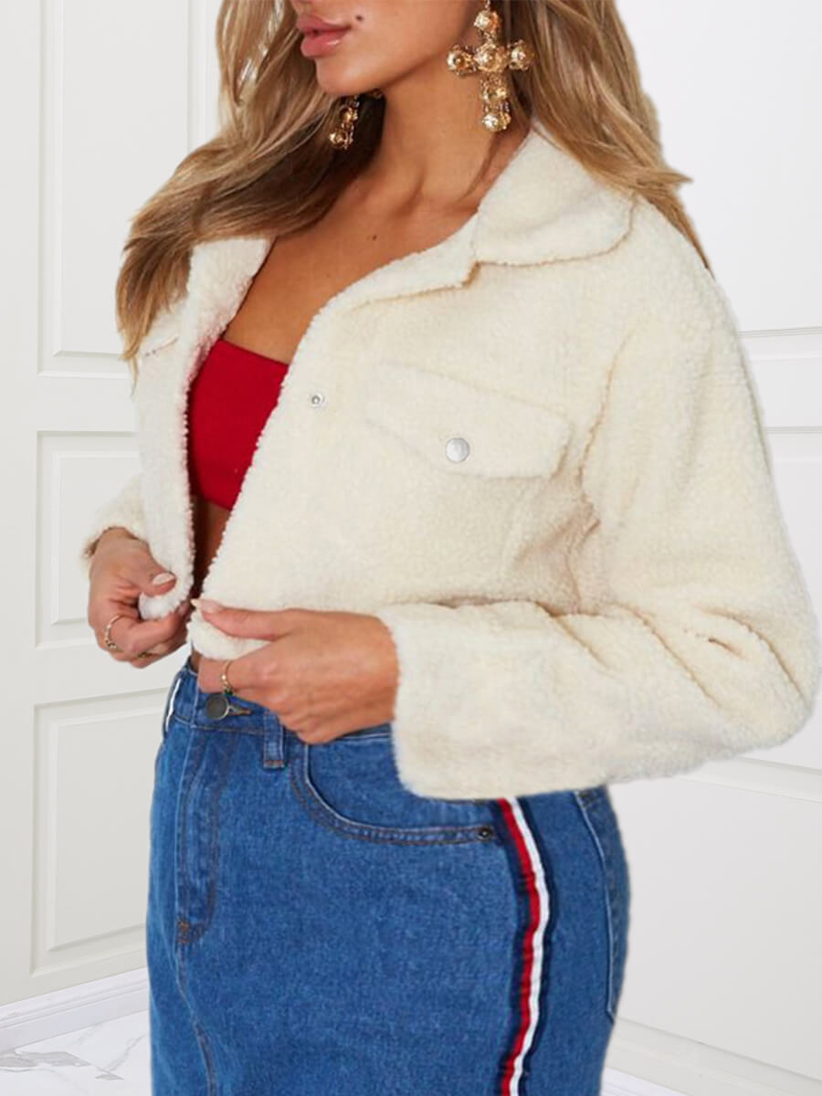 

Lovely Stylish Turndown Collar Pocket Patched White Plus Size Faux Fur