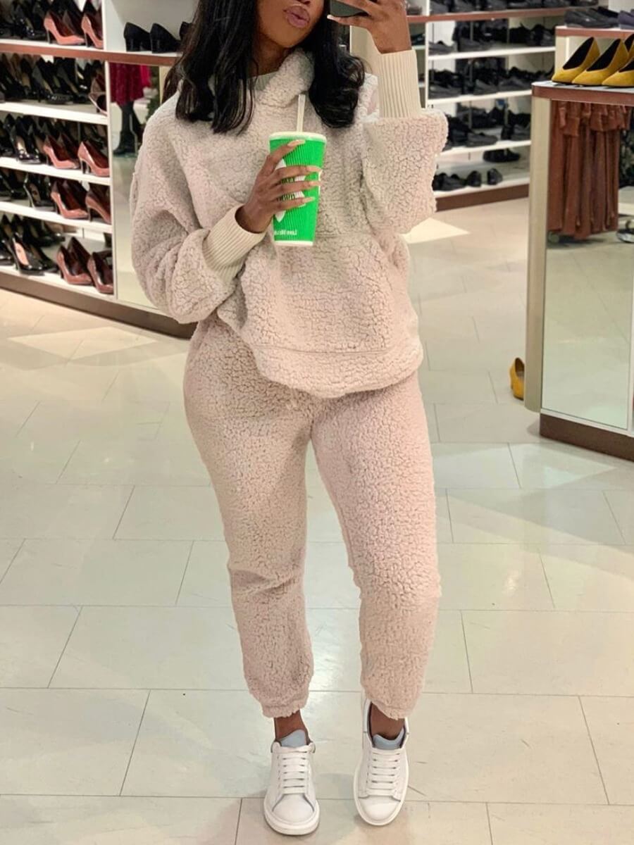 

Lovely Casual Hooded Collar Basic Beige Two Piece Pants Set