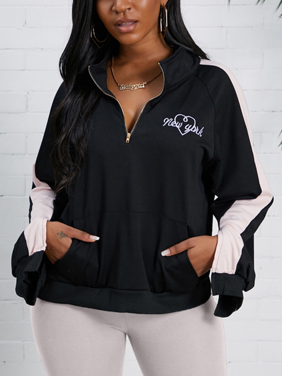 

Lovely Casual Zipper Design Letter Print Black Hoodie