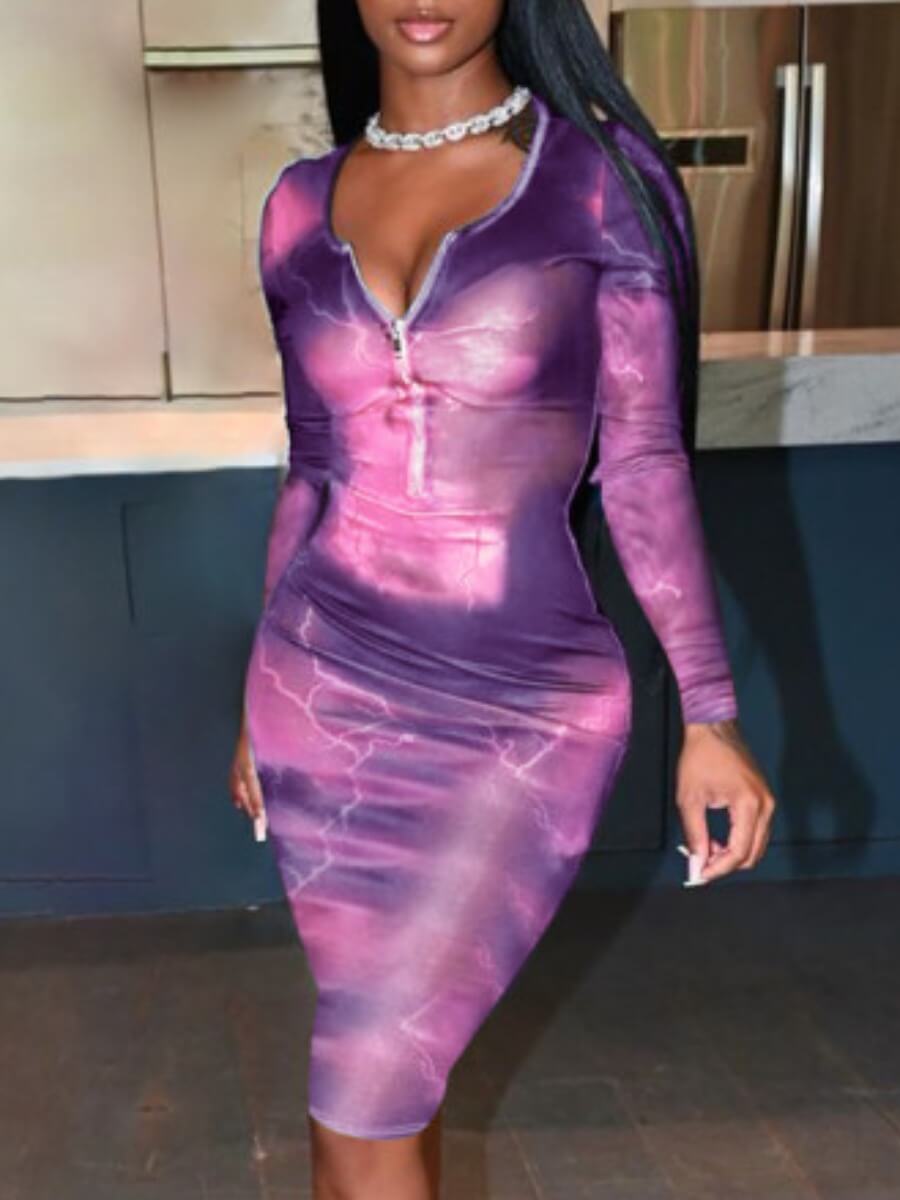 

Lovely Stylish Tie-dye Zipper Design Purple Knee Length Dress(Batch Print