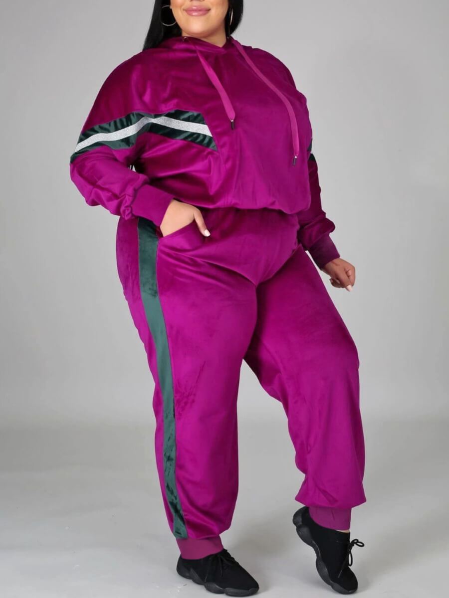 

Lovely Sportswear Hooded Collar Patchwork Rose Red Plus Size Two-piece Pants Set