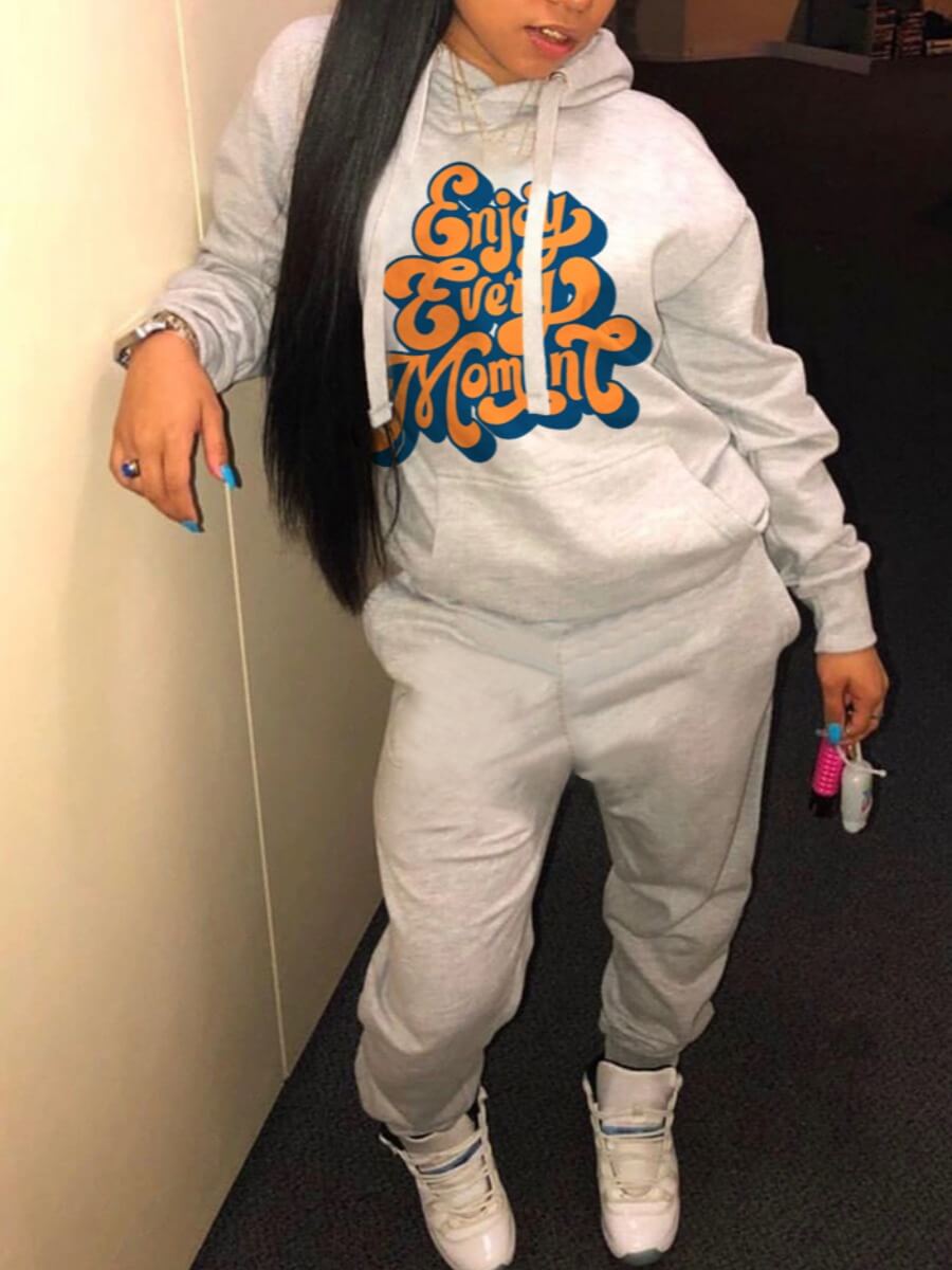 

Lovely Sportswear Hooded Collar Letter Print Light Grey Two Piece Pants Set