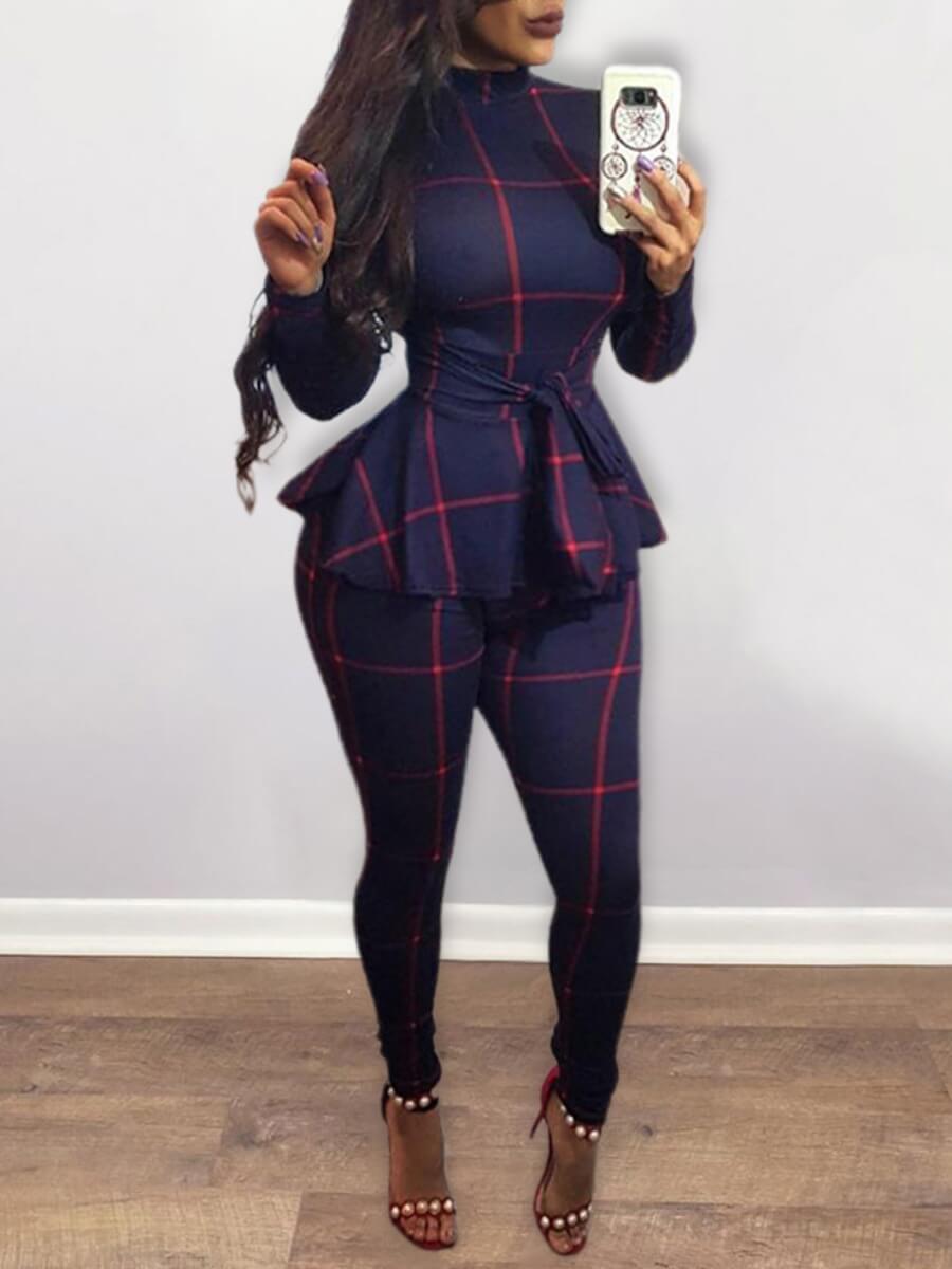 

LW Stylish Half A Turtleneck Grid Print Blue One-piece Jumpsuit