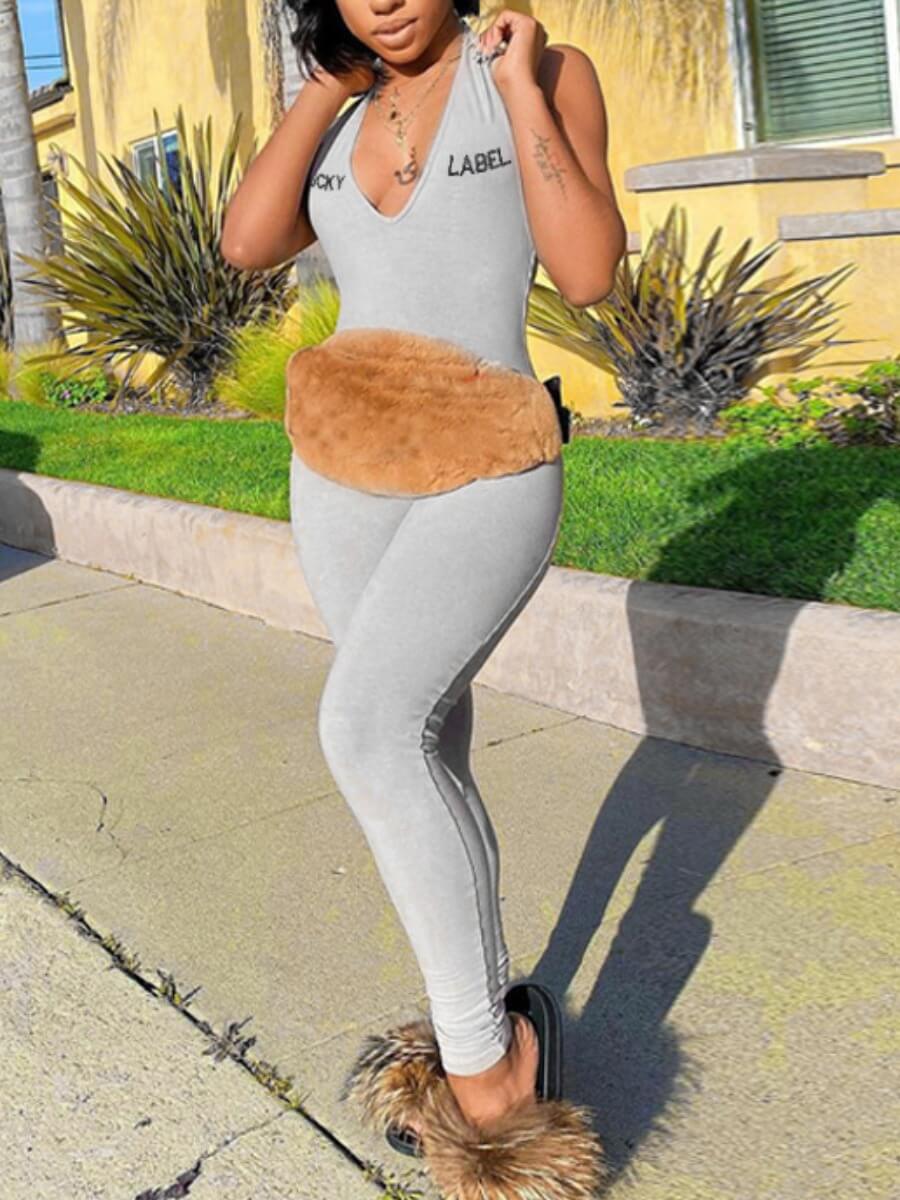 

Lovely Sportswear Deep V Neck Letter Print Skinny Grey One-piece Jumpsuit