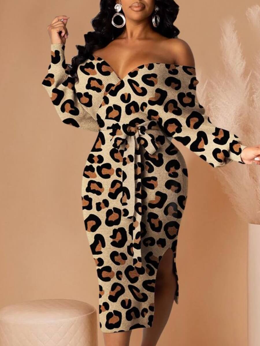 

LW Off The Shoulder Leopard Print Slit Dress, Brown