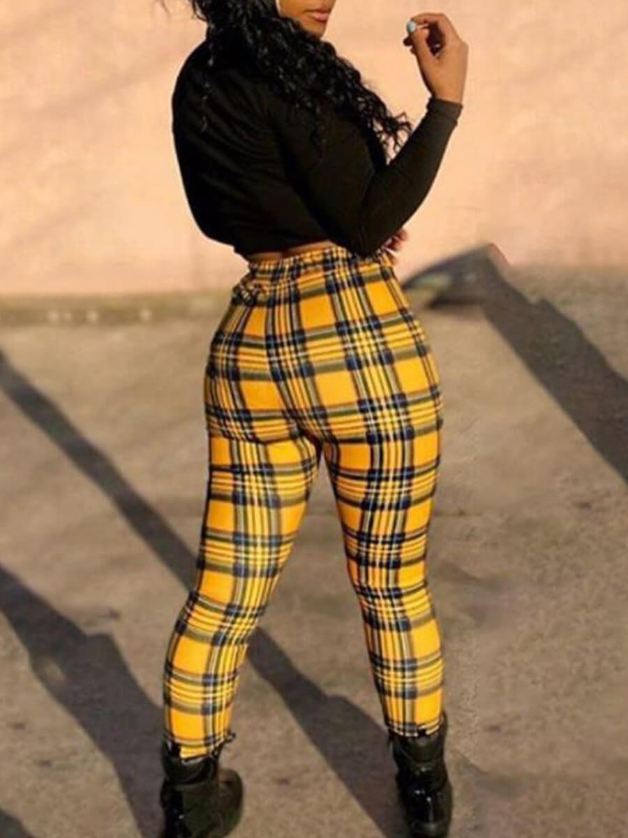 

Lovely Stylish Grid Print Skinny Yellow Pants
