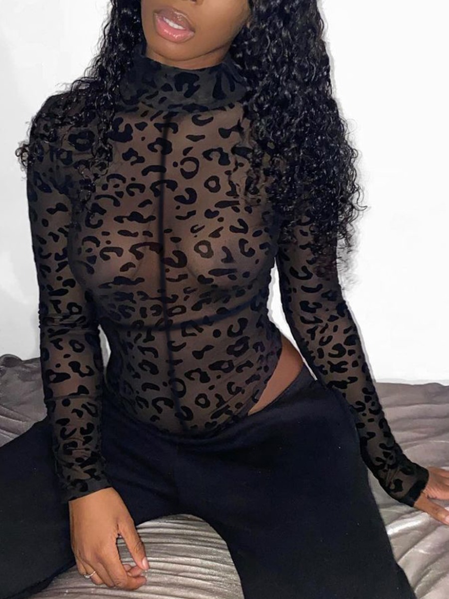 

Lovely Sexy Turtleneck Print See-through Black Bodysuit