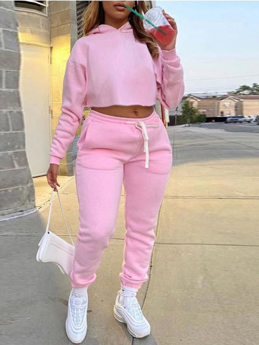 

Lovely Casual Hooded Collar Basic Pink Plus Size Two-piece Pants Set