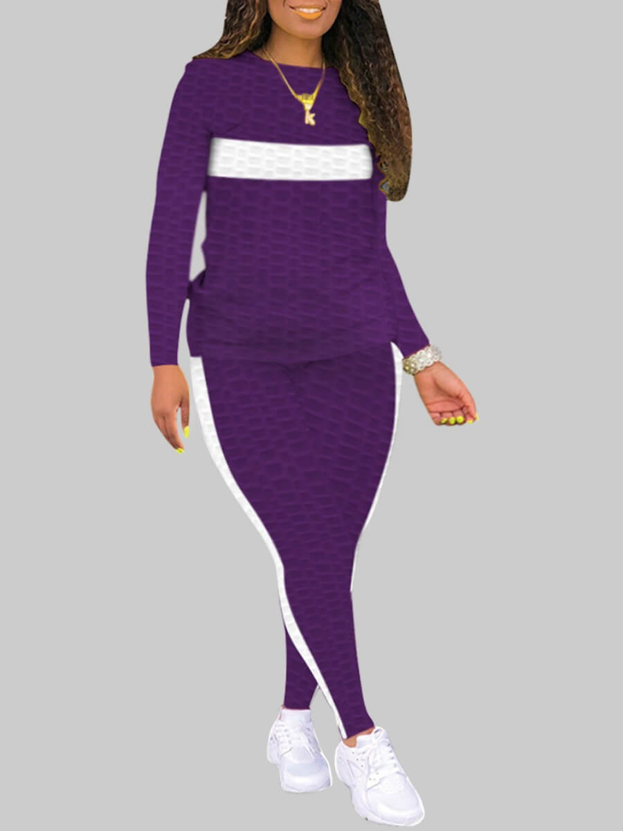 

Lovely Casual O Neck Patchwork Purple Plus Size Two-piece Pants Set