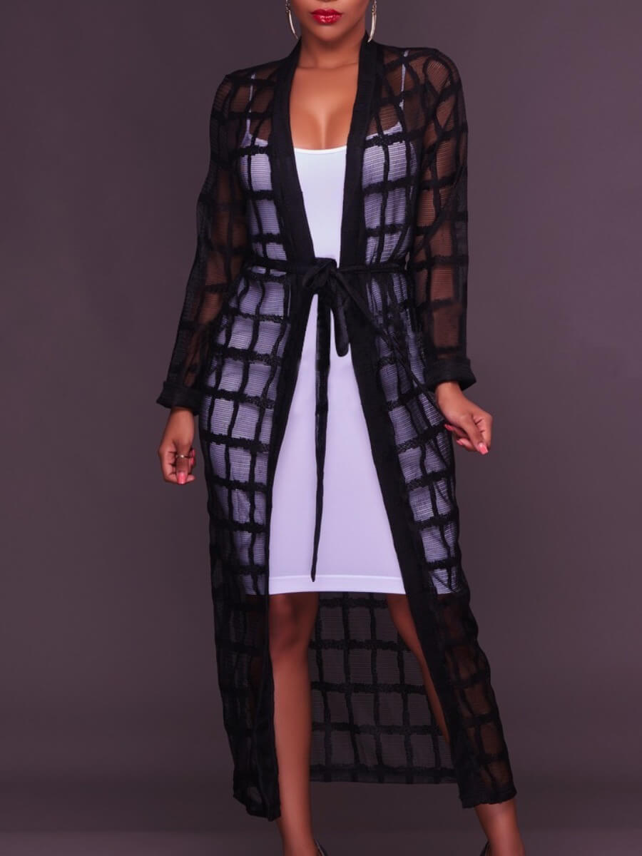 

Lovely Casual Grid See-through Black Long Coat